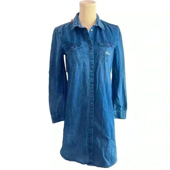 Guess Denim Dress Girls 16 Women’s S Button Up Pearl Snaps Rhinestone Logo - Picture 1 of 2